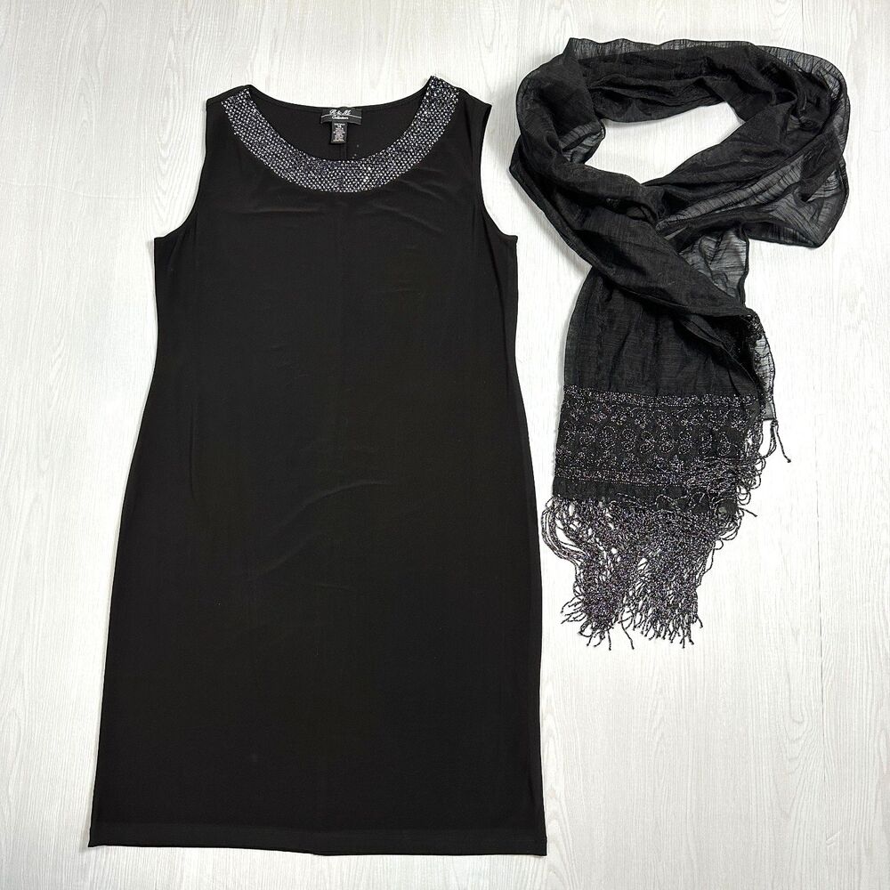 R&M Richards Womens Size 14 Beaded Neckline Sheath Black Dress Plus Beaded Scarf
